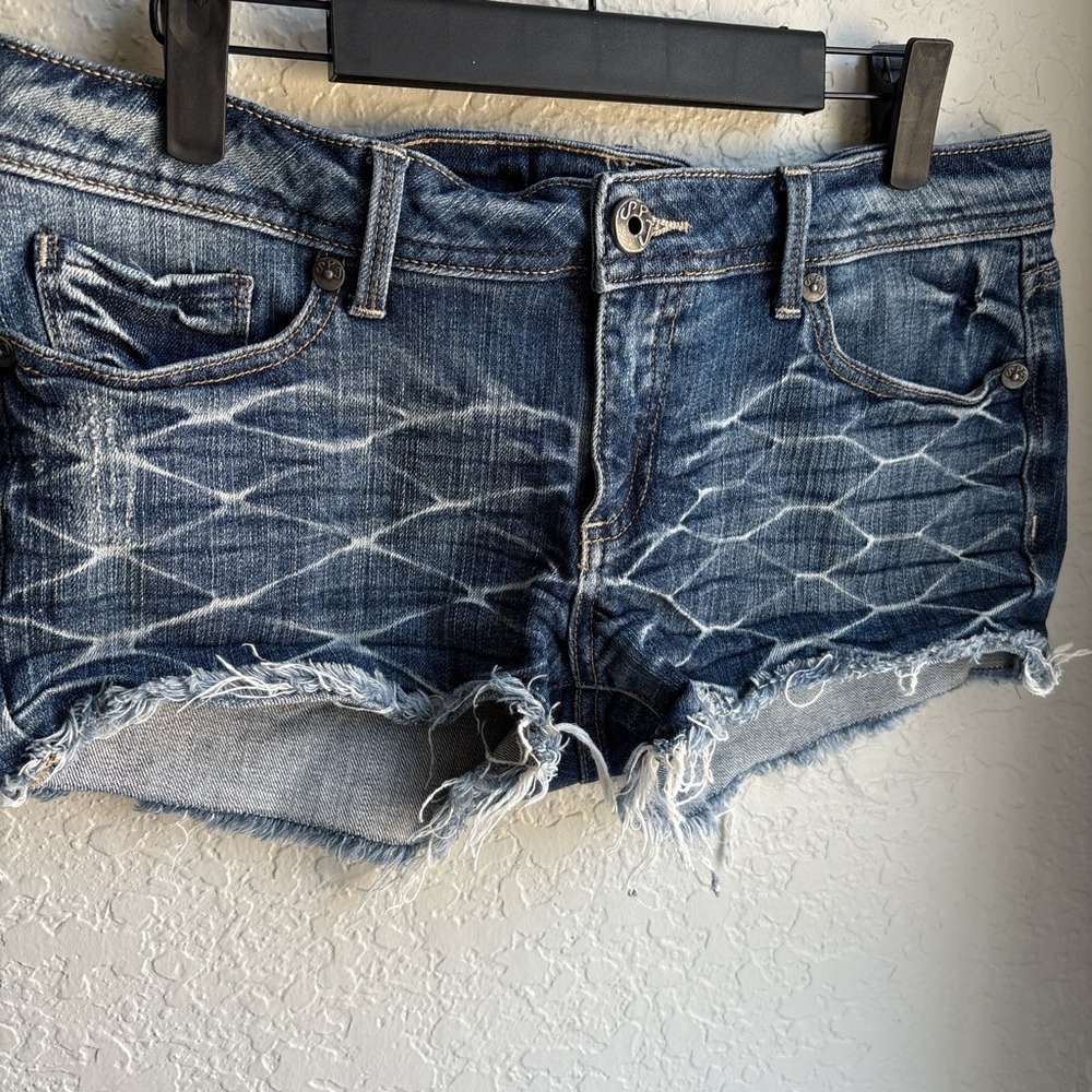 Womens L Cut Off Denim Shorts Y2K Low Rise Micro Distressed Blue Frayed Raw Hem - Picture 2 of 7